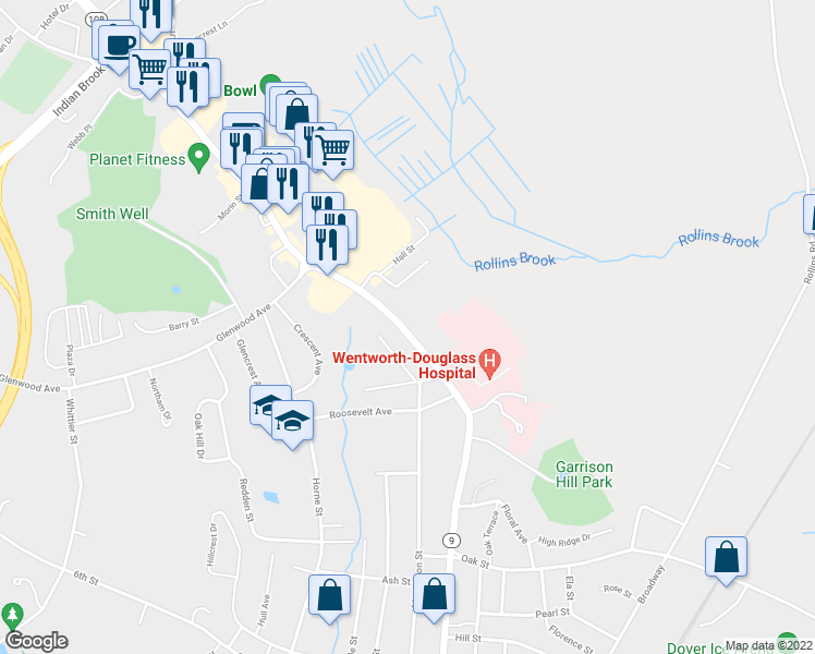 map of restaurants, bars, coffee shops, grocery stores, and more near 801 Central Avenue in Dover