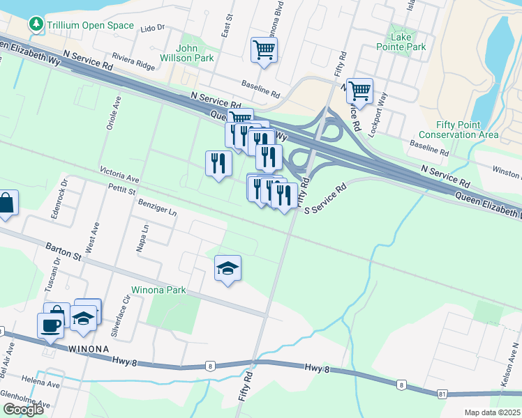map of restaurants, bars, coffee shops, grocery stores, and more near 10 South Service Road in Hamilton