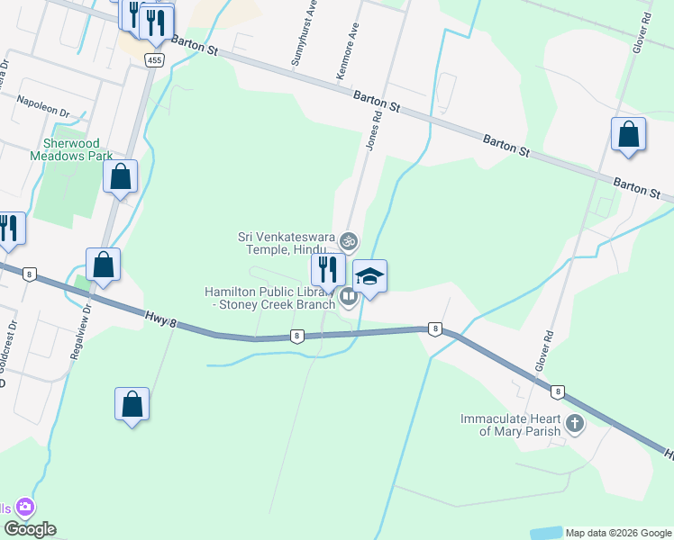 map of restaurants, bars, coffee shops, grocery stores, and more near 225 Jones Road in Hamilton