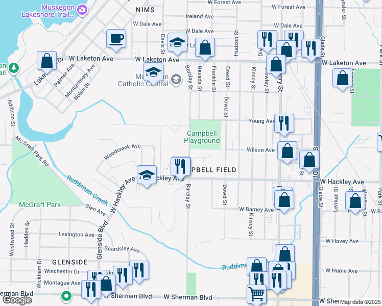 map of restaurants, bars, coffee shops, grocery stores, and more near 1086 Royale Glen Drive in Muskegon