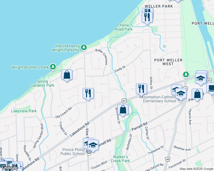 map of restaurants, bars, coffee shops, grocery stores, and more near 29 Willcher Drive in St. Catharines