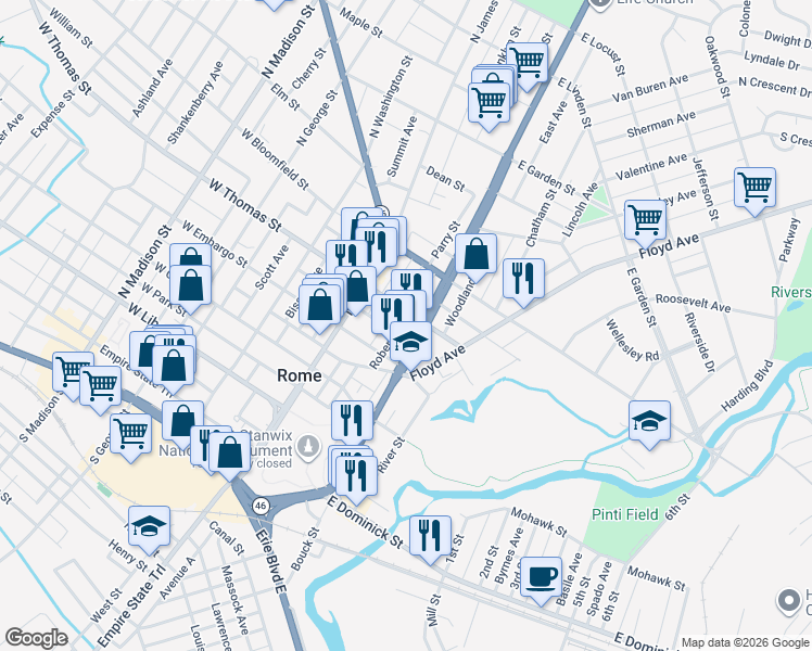 map of restaurants, bars, coffee shops, grocery stores, and more near 119 East Thomas Street in Rome