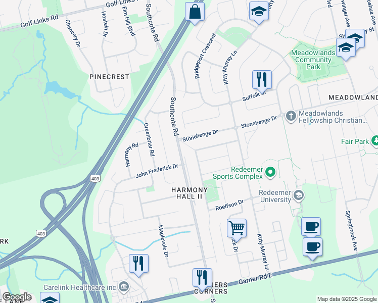 map of restaurants, bars, coffee shops, grocery stores, and more near 8 Hackamore Court in Hamilton