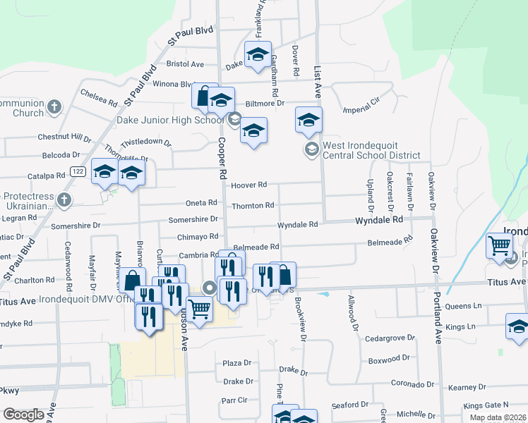 map of restaurants, bars, coffee shops, grocery stores, and more near 67 Hoover Road in Rochester