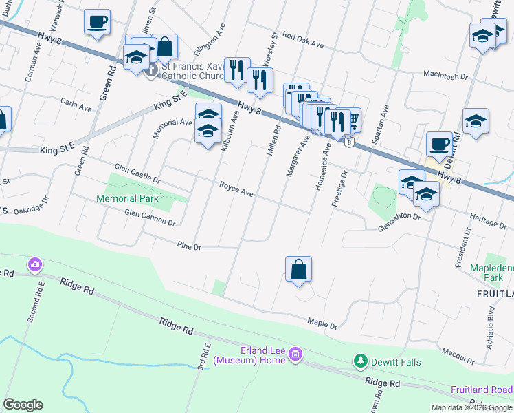 map of restaurants, bars, coffee shops, grocery stores, and more near 102 Millen Road in Hamilton