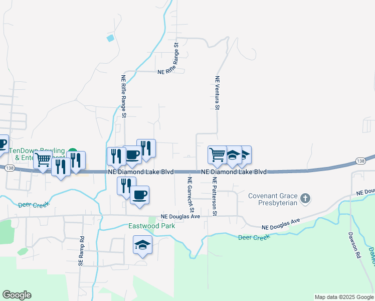 map of restaurants, bars, coffee shops, grocery stores, and more near 432 Northeast Miguel Avenue in Roseburg