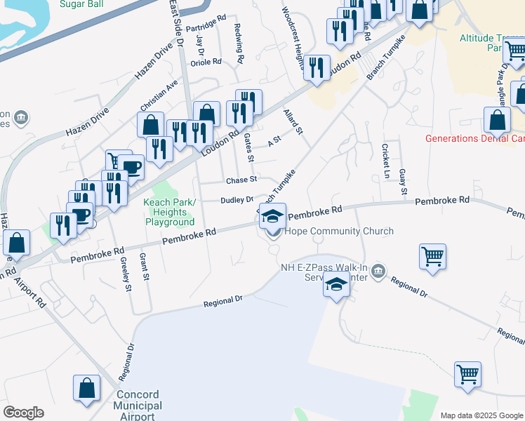 map of restaurants, bars, coffee shops, grocery stores, and more near 23 Dudley Drive in Concord