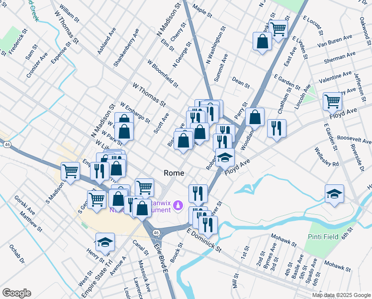 map of restaurants, bars, coffee shops, grocery stores, and more near 407 North James Street in Rome