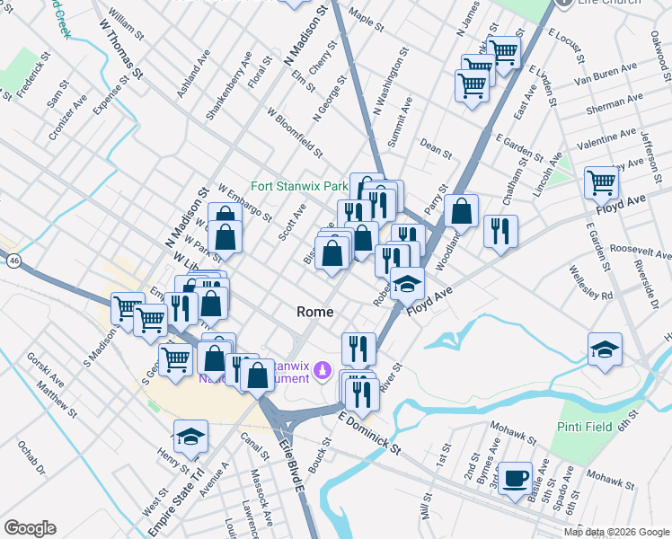map of restaurants, bars, coffee shops, grocery stores, and more near 407 North James Street in Rome
