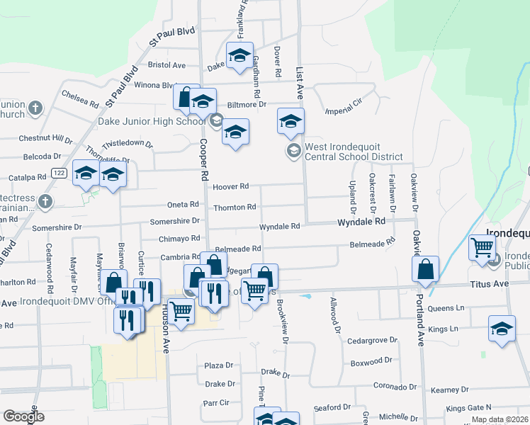 map of restaurants, bars, coffee shops, grocery stores, and more near 124 Thornton Road in Irondequoit