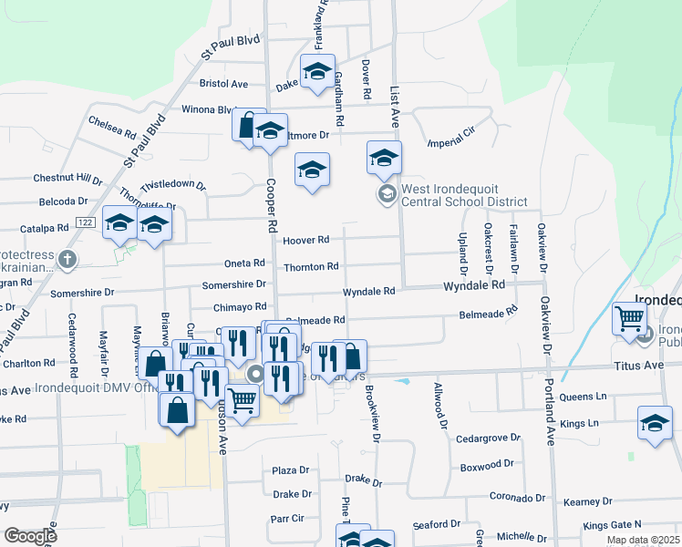 map of restaurants, bars, coffee shops, grocery stores, and more near 124 Thornton Road in Irondequoit