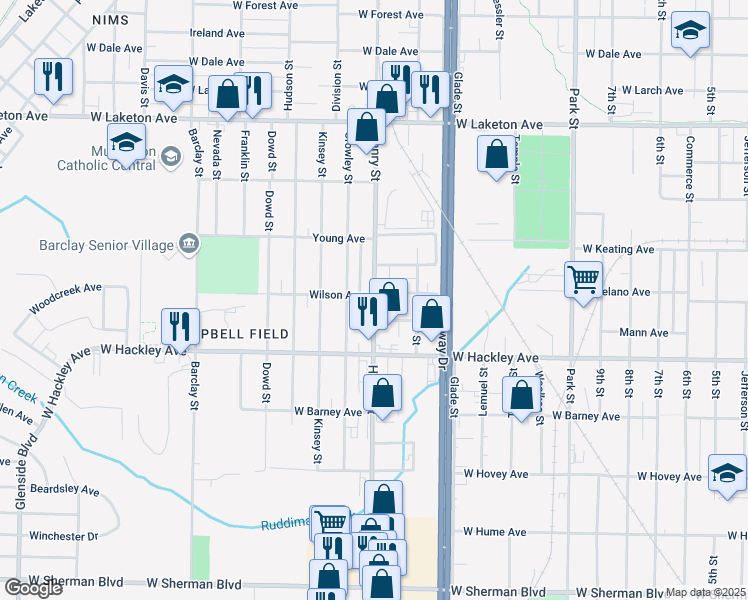 map of restaurants, bars, coffee shops, grocery stores, and more near 2067 Henry Street in Muskegon