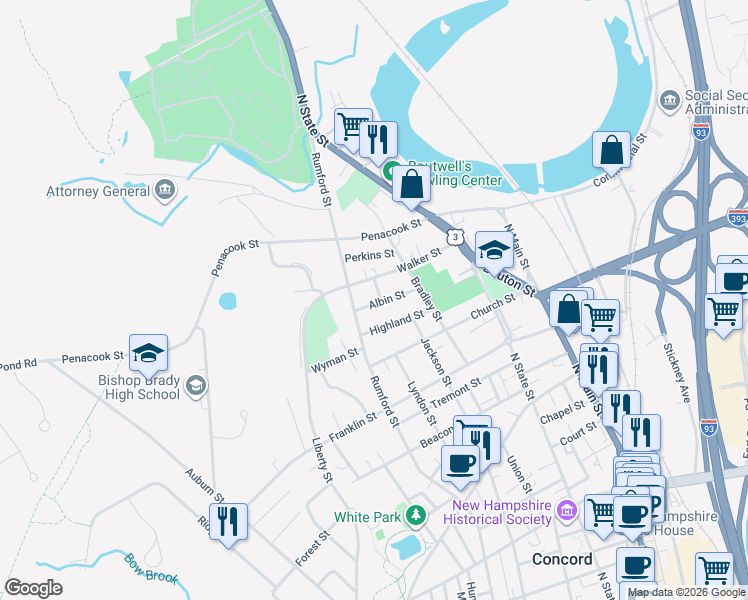 map of restaurants, bars, coffee shops, grocery stores, and more near 40 Walker Street in Concord