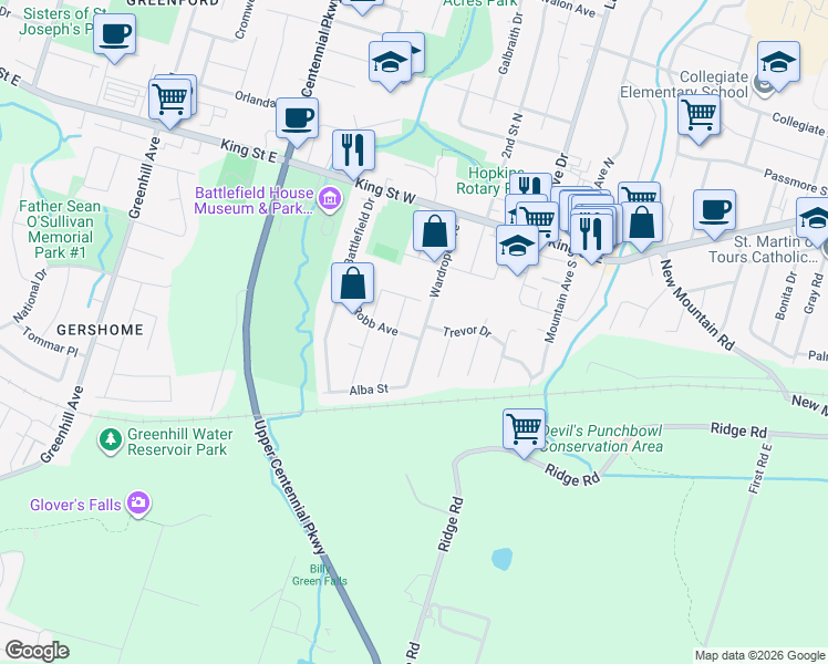 map of restaurants, bars, coffee shops, grocery stores, and more near 12 Robb Avenue in Hamilton