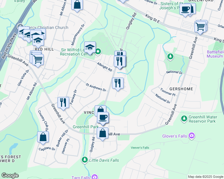 map of restaurants, bars, coffee shops, grocery stores, and more near 11 Tindale Court in Hamilton