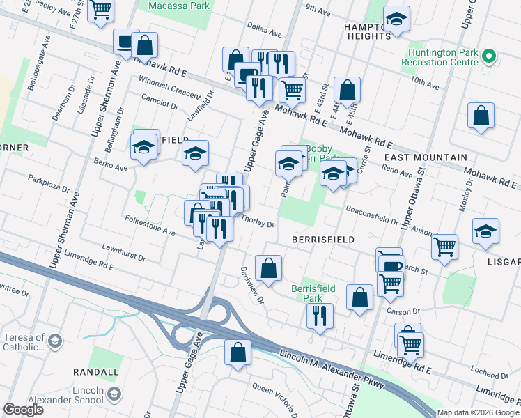 map of restaurants, bars, coffee shops, grocery stores, and more near 11 Michael Avenue in Hamilton