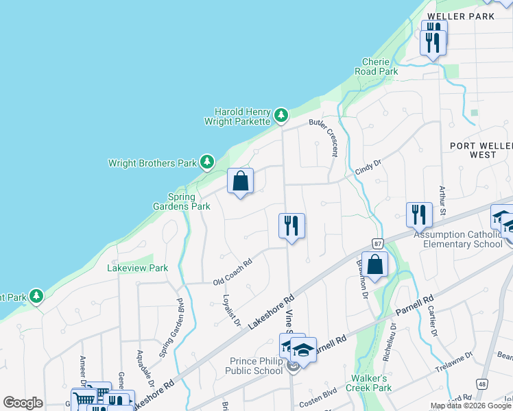 map of restaurants, bars, coffee shops, grocery stores, and more near in St. Catharines