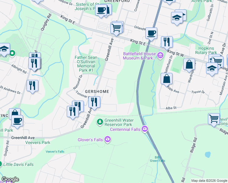 map of restaurants, bars, coffee shops, grocery stores, and more near 92 Nashville Circle in Hamilton
