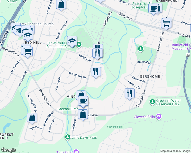map of restaurants, bars, coffee shops, grocery stores, and more near 40 Tindale Court in Hamilton