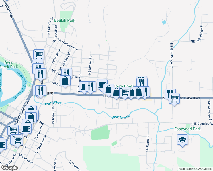 map of restaurants, bars, coffee shops, grocery stores, and more near 511 Northeast Fulton Street in Roseburg