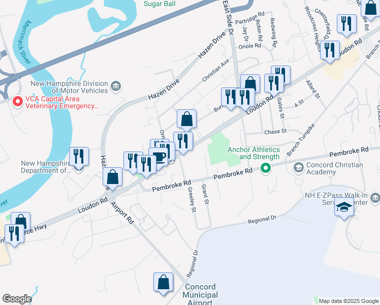 map of restaurants, bars, coffee shops, grocery stores, and more near 129 Loudon Road in Concord