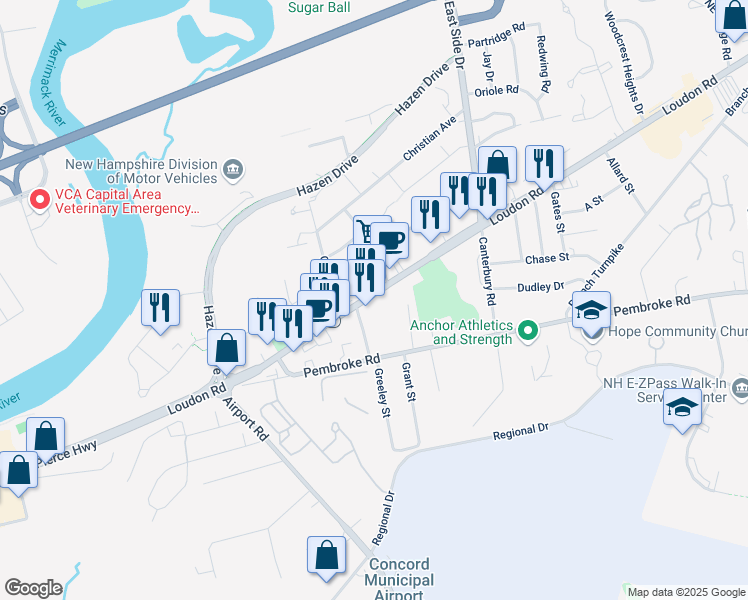 map of restaurants, bars, coffee shops, grocery stores, and more near 128 Loudon Road in Concord