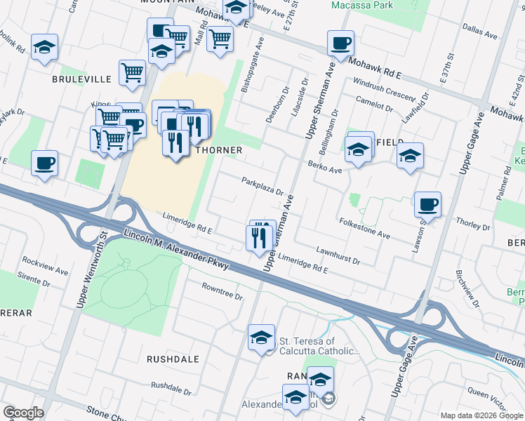 map of restaurants, bars, coffee shops, grocery stores, and more near 301 Parkwood Crescent in Hamilton