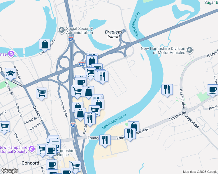 map of restaurants, bars, coffee shops, grocery stores, and more near 19 Grappone Drive in Concord