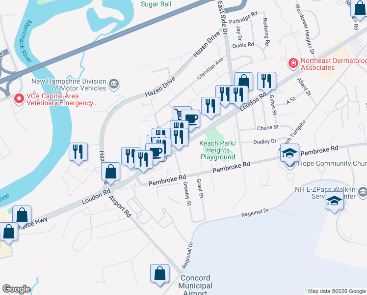 map of restaurants, bars, coffee shops, grocery stores, and more near 129 Loudon Road in Concord