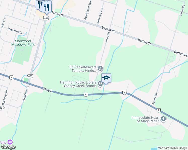 map of restaurants, bars, coffee shops, grocery stores, and more near 225 Jones Road in Hamilton