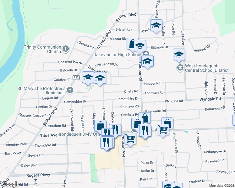 map of restaurants, bars, coffee shops, grocery stores, and more near 92 Oneta Road in Rochester