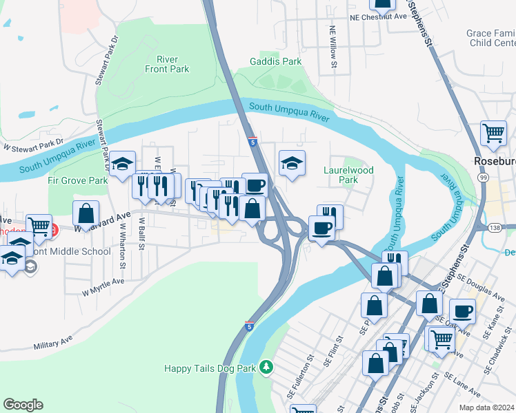map of restaurants, bars, coffee shops, grocery stores, and more near 738 West Harvard Avenue in Roseburg