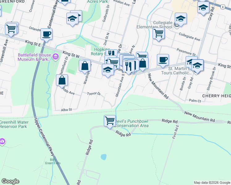 map of restaurants, bars, coffee shops, grocery stores, and more near 40 Mountain Avenue South in Hamilton