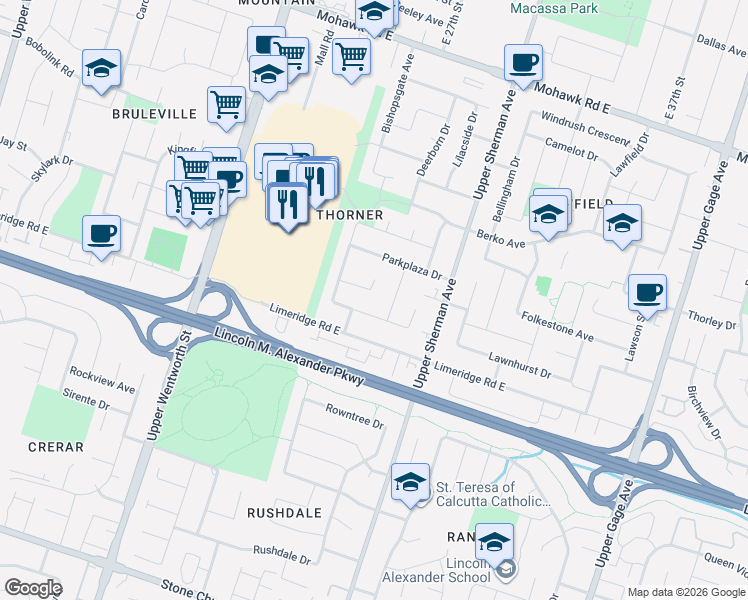 map of restaurants, bars, coffee shops, grocery stores, and more near 19 Rockway Court in Hamilton
