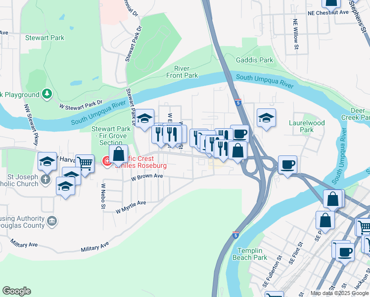 map of restaurants, bars, coffee shops, grocery stores, and more near 1058 West Harvard Avenue in Roseburg