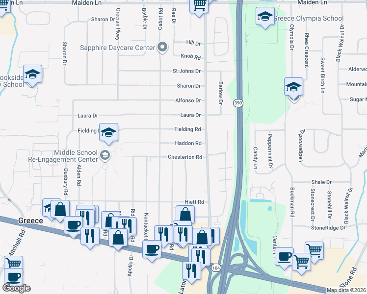 map of restaurants, bars, coffee shops, grocery stores, and more near 46 Haddon Road in Rochester