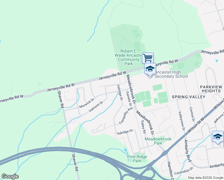 map of restaurants, bars, coffee shops, grocery stores, and more near 65 Morwick Drive in Hamilton