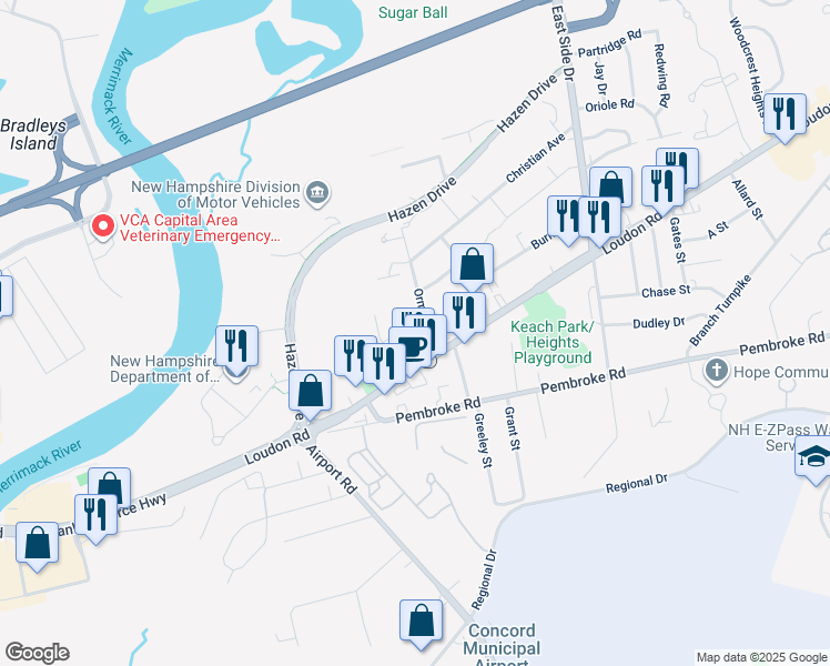 map of restaurants, bars, coffee shops, grocery stores, and more near 47 Prescott Street in Concord