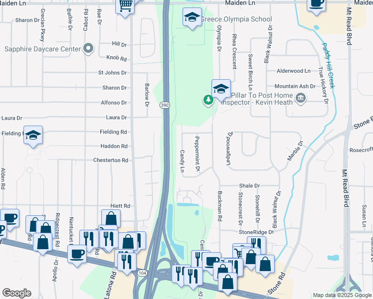 map of restaurants, bars, coffee shops, grocery stores, and more near 216 Candy Lane in Rochester