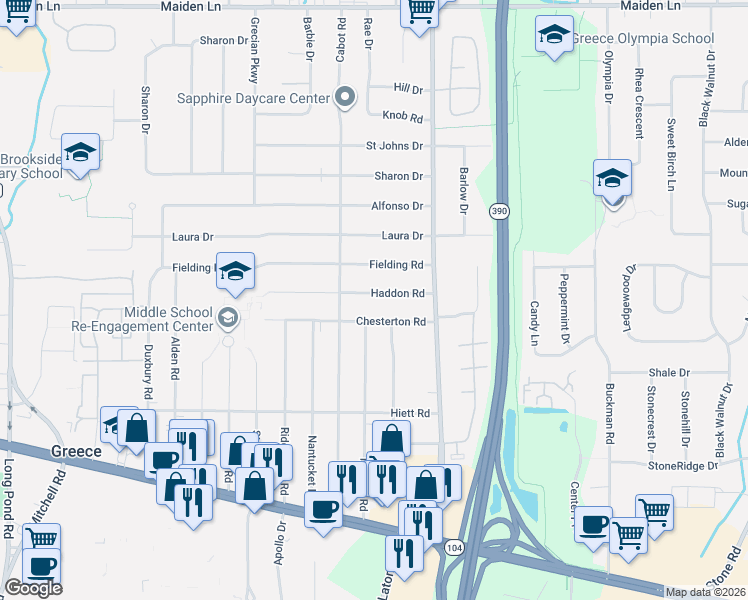 map of restaurants, bars, coffee shops, grocery stores, and more near 102 Haddon Road in Rochester