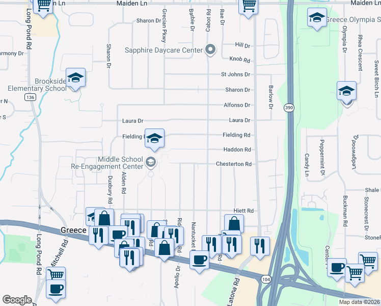 map of restaurants, bars, coffee shops, grocery stores, and more near 206 Haddon Road in Rochester