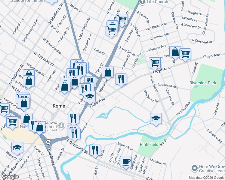 map of restaurants, bars, coffee shops, grocery stores, and more near 219 East Bloomfield Street in Rome