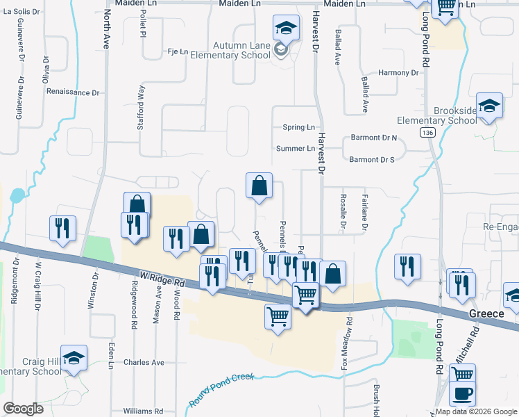 map of restaurants, bars, coffee shops, grocery stores, and more near 113 Pennels Drive in Greece