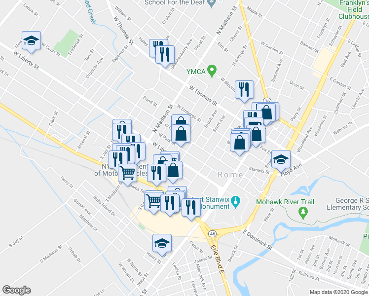 map of restaurants, bars, coffee shops, grocery stores, and more near 214 North George Street in Rome