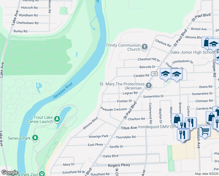 map of restaurants, bars, coffee shops, grocery stores, and more near 585 Winona Boulevard in Irondequoit