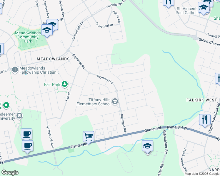 map of restaurants, bars, coffee shops, grocery stores, and more near 173 Raymond Road in Hamilton