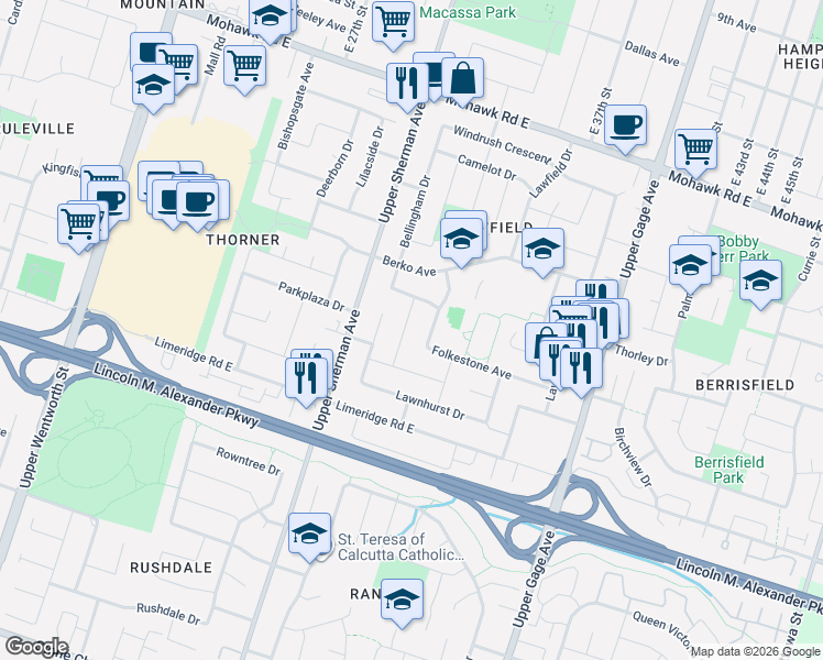 map of restaurants, bars, coffee shops, grocery stores, and more near 27 Lambert Street in Hamilton
