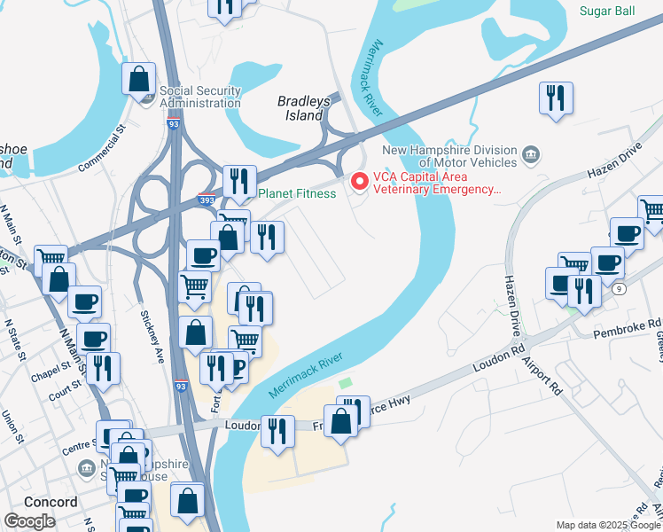 map of restaurants, bars, coffee shops, grocery stores, and more near 24 Stevens Drive in Concord