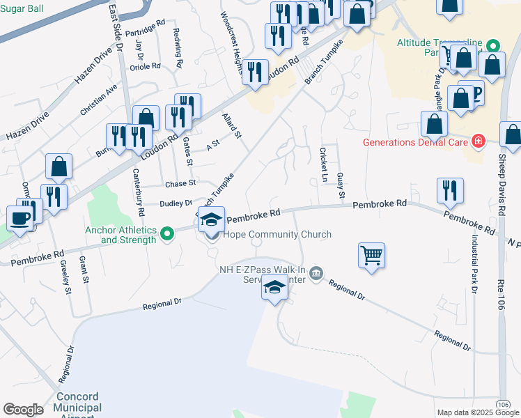 map of restaurants, bars, coffee shops, grocery stores, and more near 111 Pembroke Road in Concord