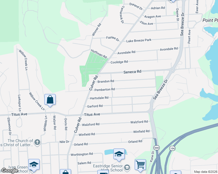 map of restaurants, bars, coffee shops, grocery stores, and more near 237 Brandon Road in Irondequoit